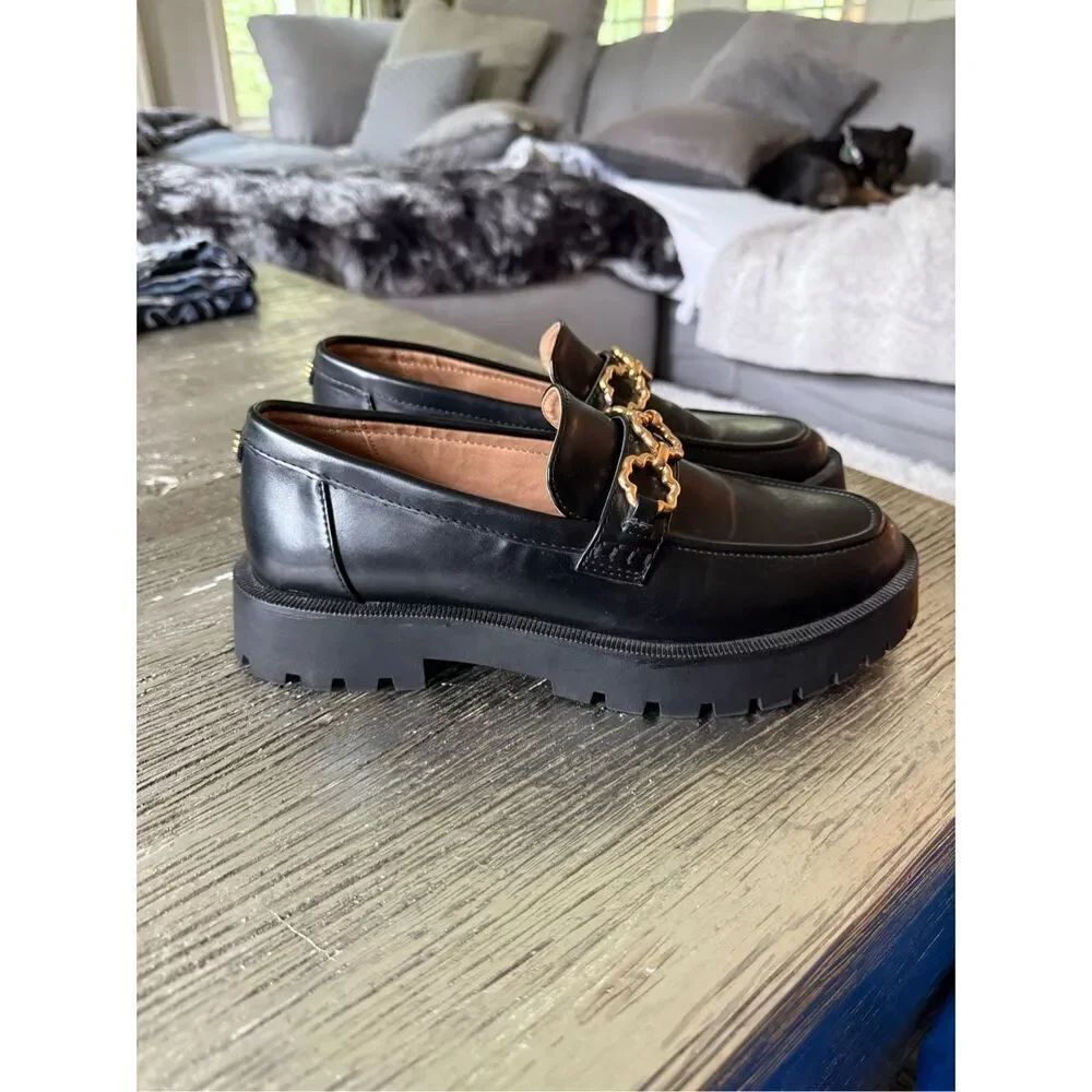 Sam & Libby Rylan Black Faux Leather Lug Sole Loafers sz 8.5 EUC
